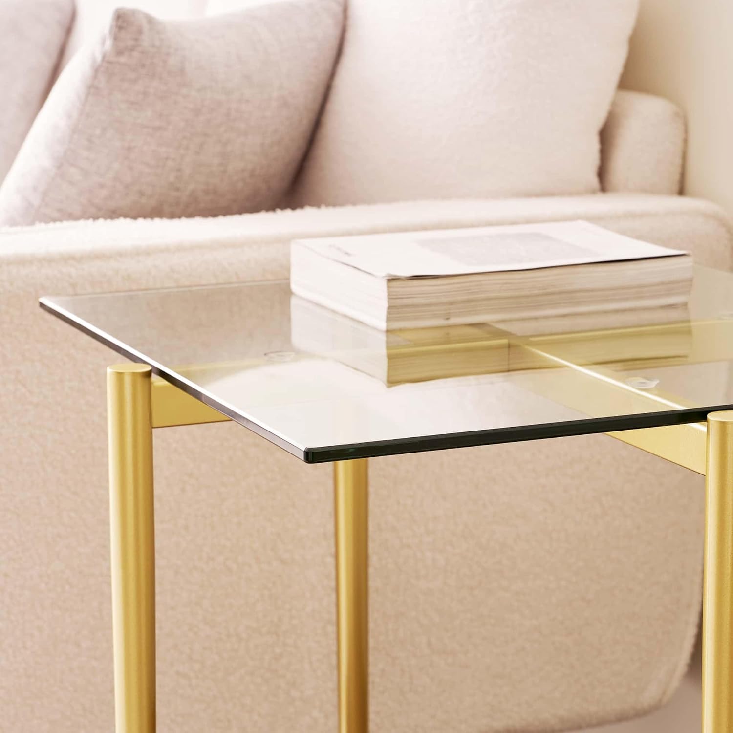 LumFurn Glass End Table, Mid-Century Modern Design Sofa Table, for Living Room, 2-Tier Structure, Clear Glass Top and Walnut MDF Shelf, Sleek Conical Metal Legs with Gold Finish Frame