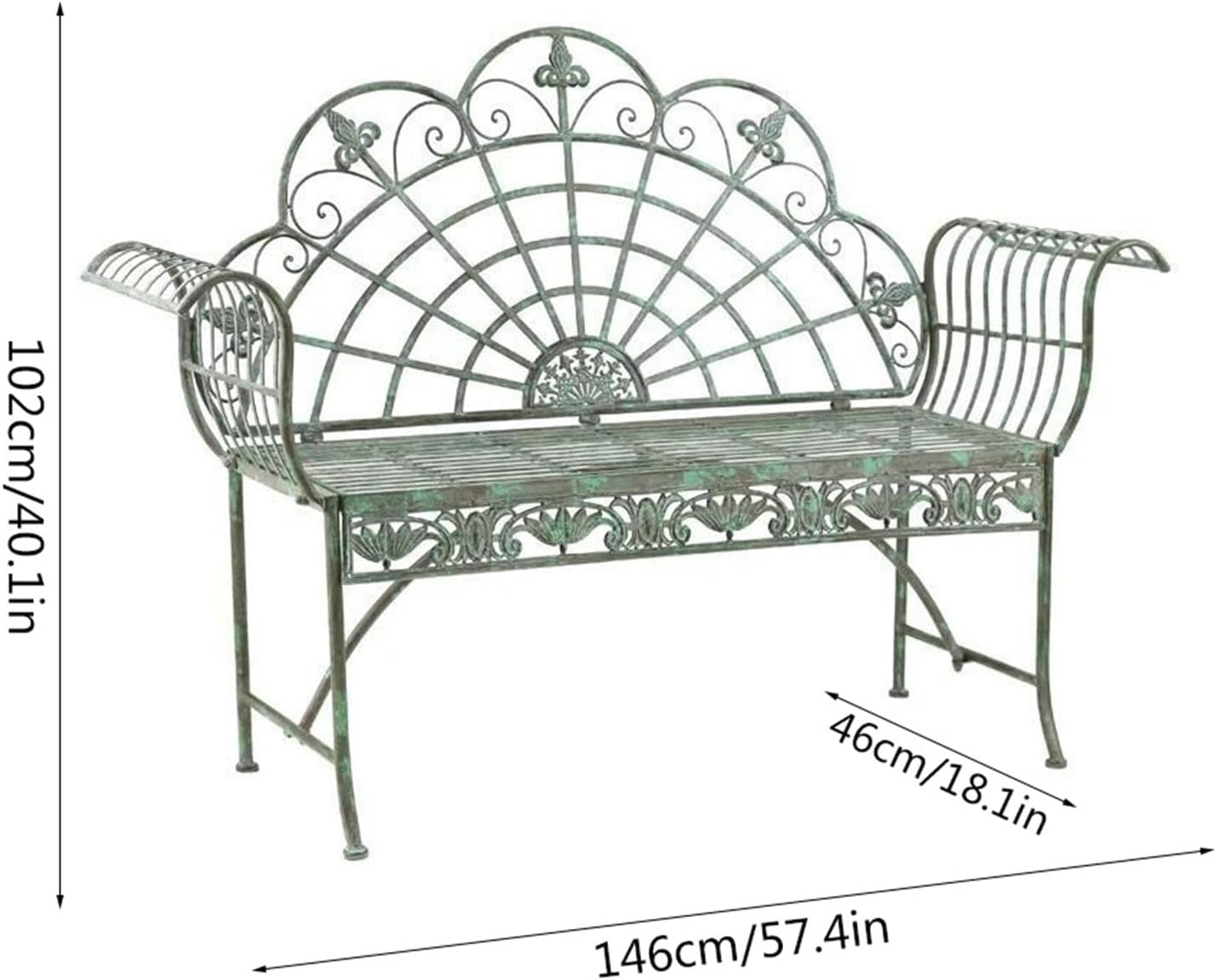 Garden Retro Rural Style Courtyard Bench, Green Cast Iron 57.4-inch Outdoor Garden Bench, 2-Person Foldable Leisure Chair Seat