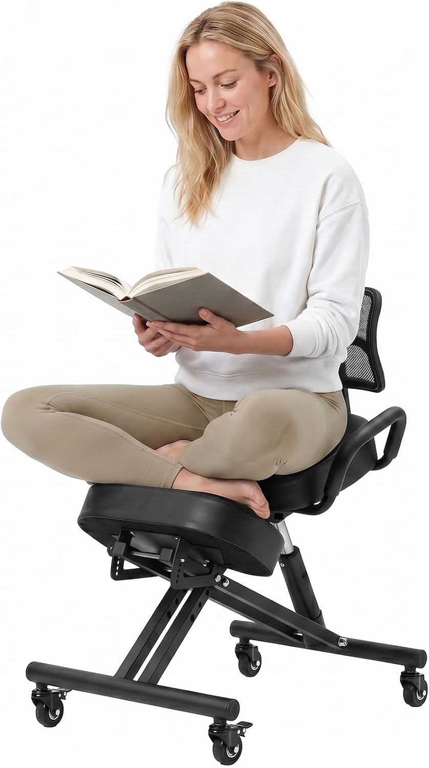 Ergonomic Kneeling Chair for Home and Office, Height Adjustable Cross Legged Office Chair with Back Support, Brake Casters, Thick Cushions for Desk to Relieve Back Discomfort Black