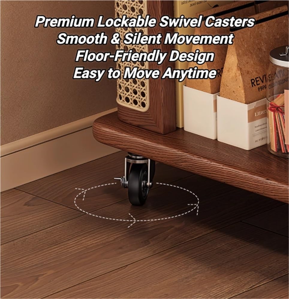 Solid Wood Mobile Side Table with Wheels, Rolling End Table with Storage Shelf, Vintage Couch Table for Living Room Bedroom Small Spaces