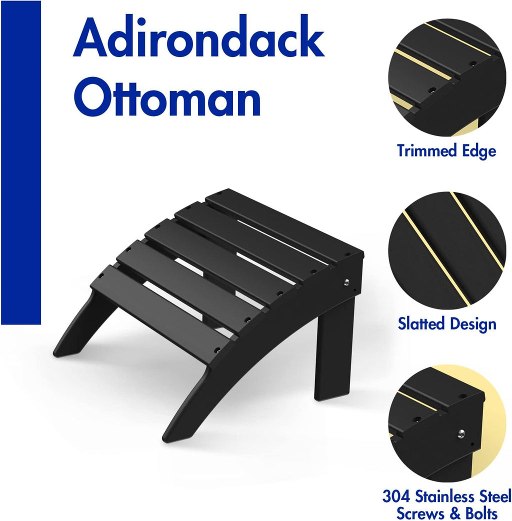 Briopaws Folding Adirondack Ottoman, 19.7W x 18.5L x 13H Inch, HDPE All Weather Adirondack Chair Footrest, Plastic Footstool for Deck Backyard Patio Outdoor Poolside Porch Lawn Indoor, Black