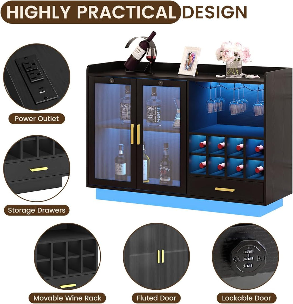 COCO DESIGN Modern Wine Bar Cabinet with LED Light & Locked Fluted Door, Black Floating Coffee Bar with Power Outlets & Glass Rack, Buffet Sideboard with Removable Wine Rack and Drawer for Living Room