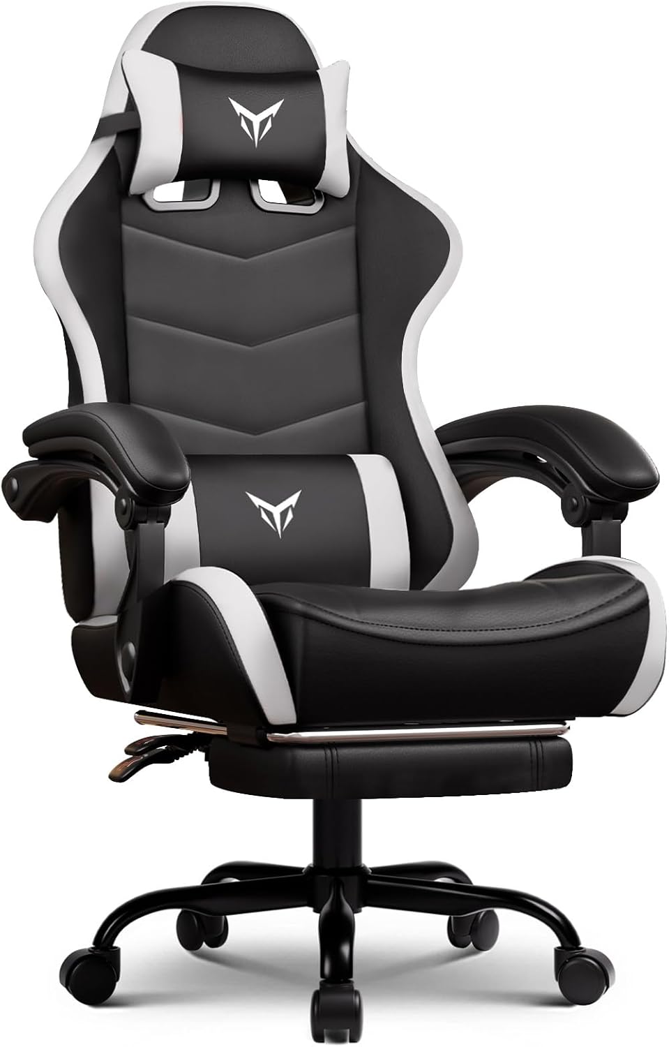 GTPLAYER Gaming Chair High Back Computer Chairs with Foot Rest for Adults, Ergonomic Height Adjustable Recliner Chair 300lbs with Linkage Armrest and Lumbar Support for Home Office, White