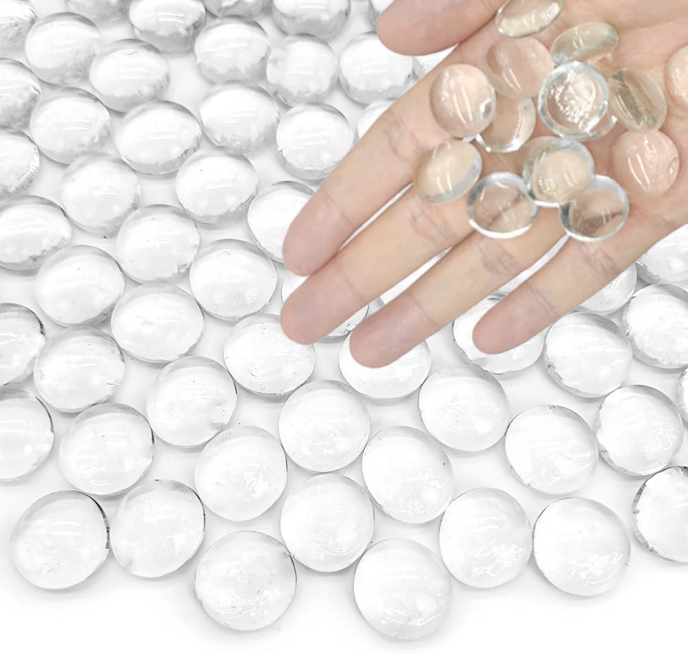 HappyFiller 5 LB 500 Pcs Clear Flat Marbles Glass Gems for Vase Filler Decorative Candle Holder Stones Fountain Rocks,Aquarium Fish Tank Pebbles,Fire Pit Glass Beads Fireplace Decor