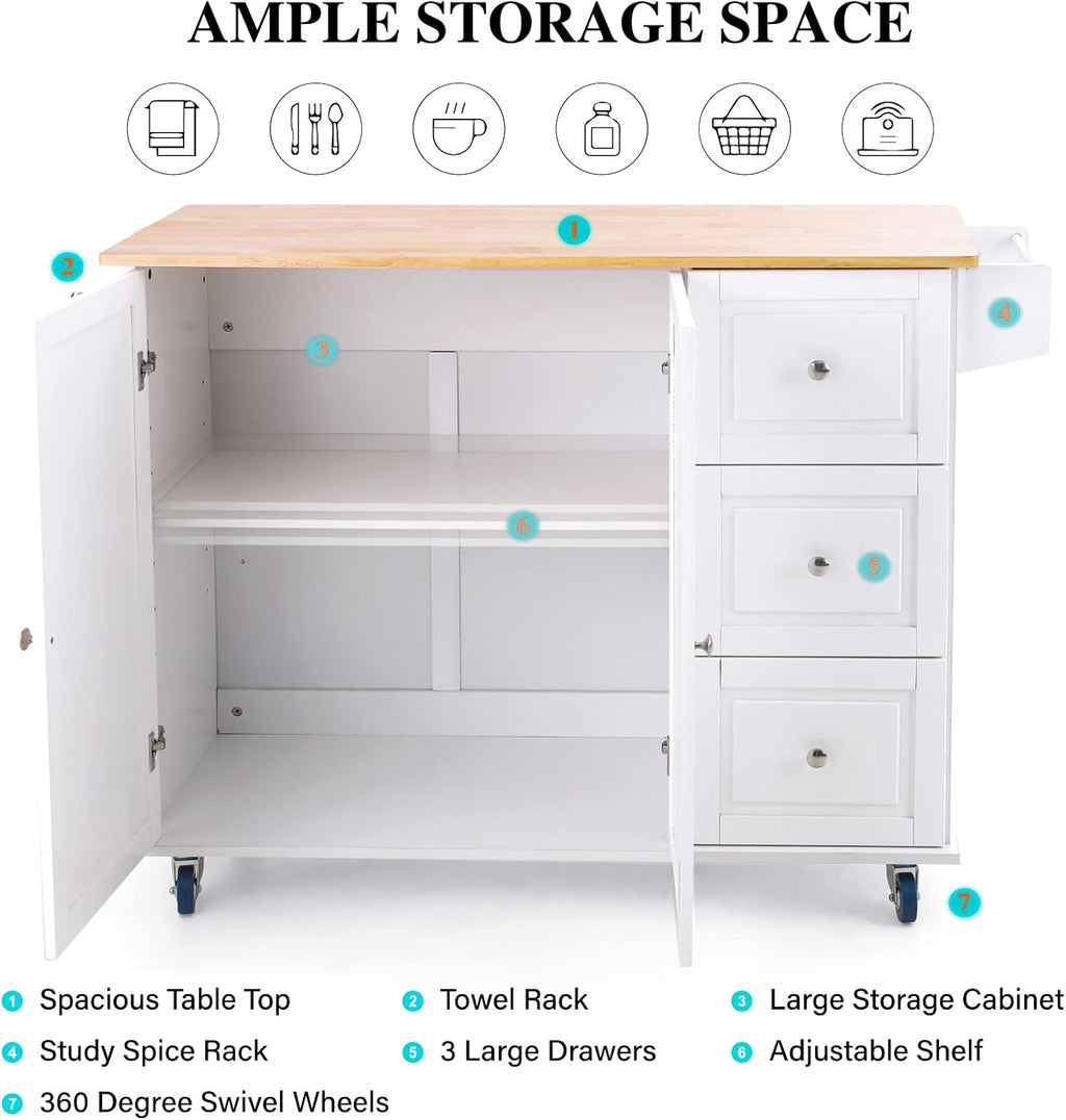 PHI VILLA Kitchen Island Cart on Wheels - Mobile Kitchen Island with Drop Leaf, Rolling Kitchen Table with Storage