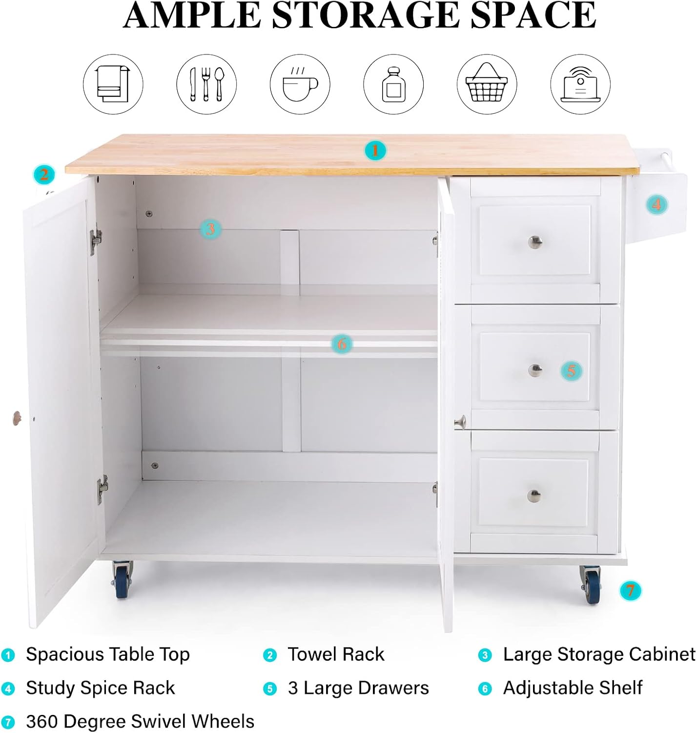 PHI VILLA Kitchen Island Cart on Wheels - Mobile Kitchen Island with Drop Leaf, Rolling Kitchen Table with Storage