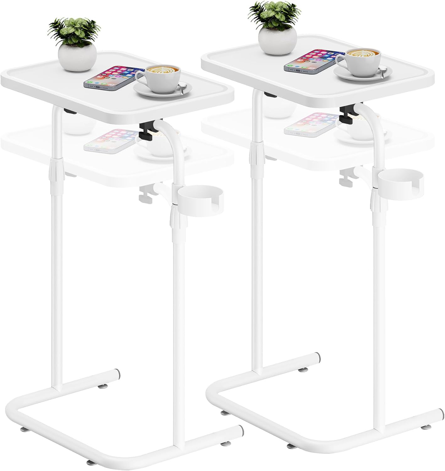 TUTOTAK C Shaped End Table with Tiltable Surface, Set of 2, Adjustable Height Side Table, Slide Under Couch Table TV Tray for Eating, Sofa Tray for Livingroom, Bedroom White TB01BW0912
