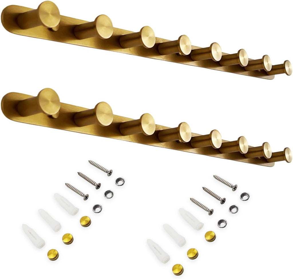 Brushed Gold Wall Mounted Coat Rack [2 Pack], 21" Heavy Duty 304 Stainless Steel Hook Rack with 8 Hooks, Entryway & Bathroom Hanging Organizer for Coats, Towels, Robes (Drilling)