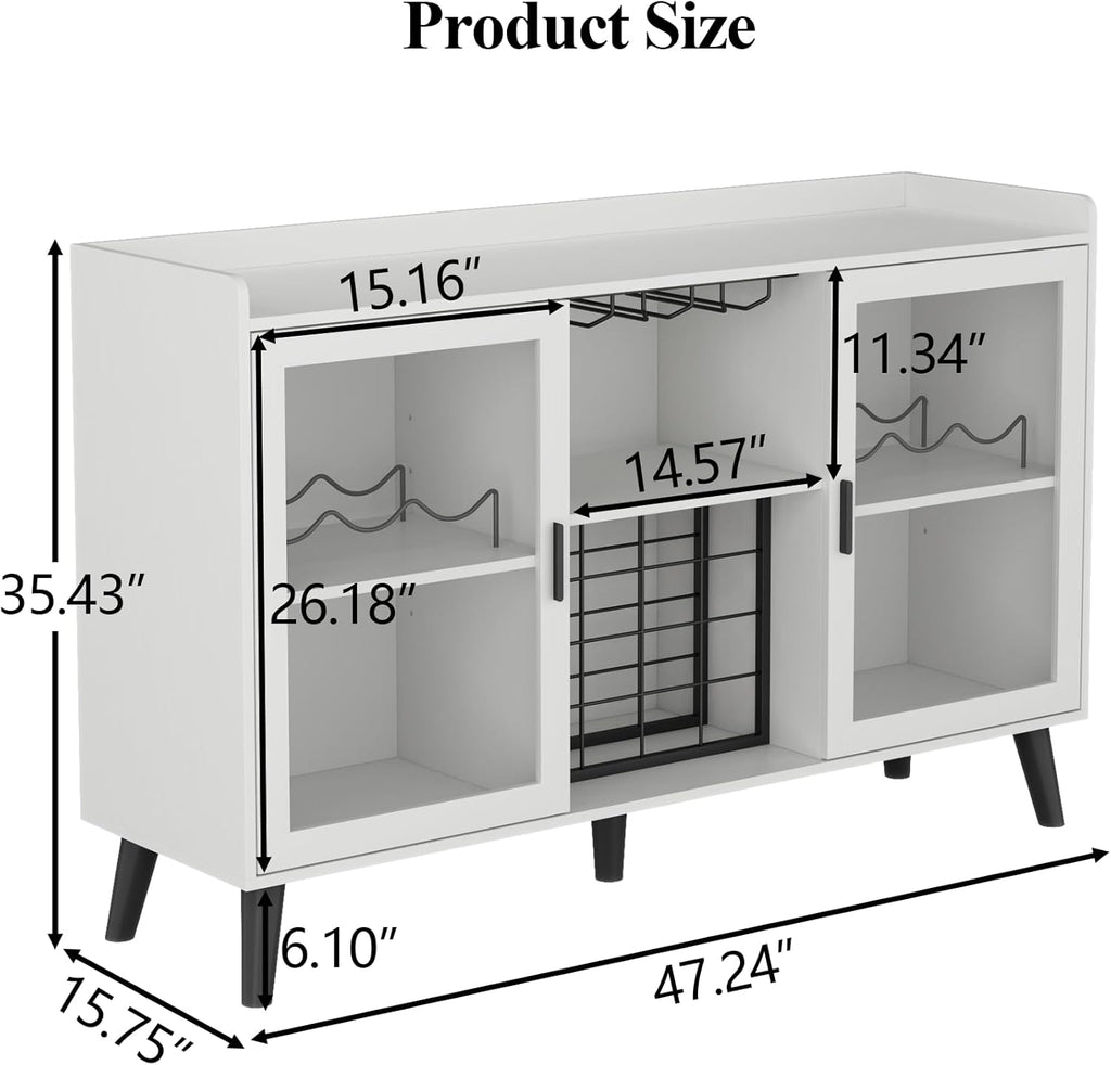 Auromie Wine Bar Cabinet with Led Light, Home Coffee Cabinet with Wine and Glass Rack, Kitchen Buffet Sideboard with Storage Shelves, Freestanding Liquor Cabinet for Living Room, Dining Room (White)
