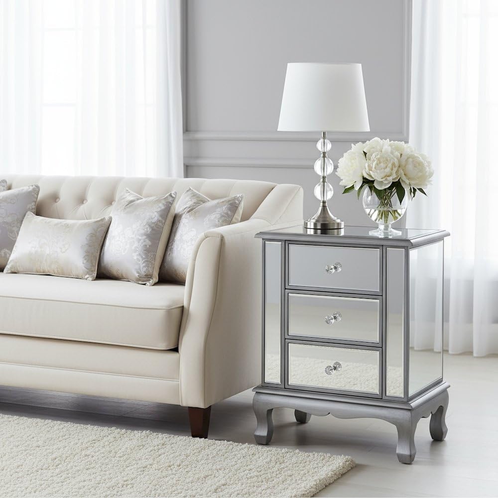 Furnifact Glam Mirrored End Table with 3 Drawers, Small Accent Nightstand for Bedroom or Living Room, Easy 2-Step Assembly, Silver