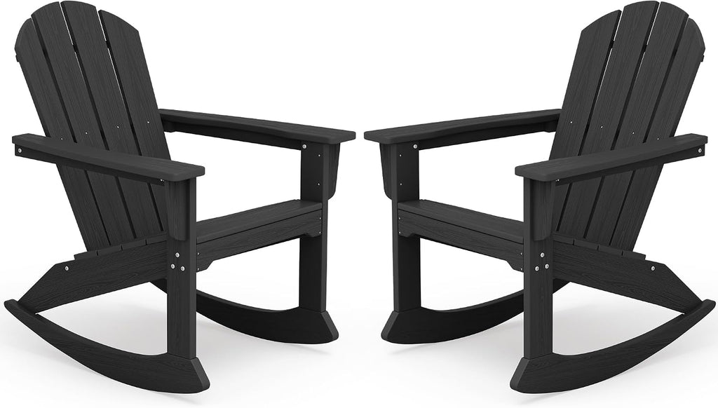 SERWALL Outdoor HDPE Adirondack Rocking Chairs Set of 2, All-Weather, Black | The rocking chair features safe rocking design, ergnomic structure and all-weather HDPE frame for lasting outdoor use