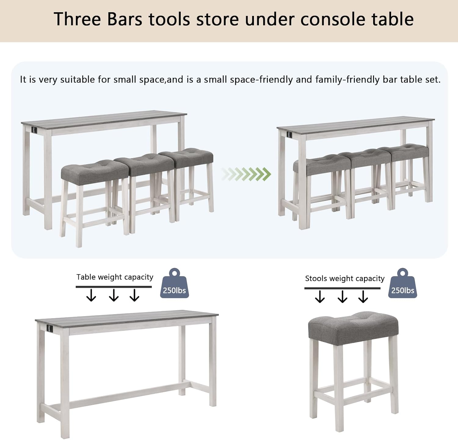 59'' Dining Bar Table and Chairs Set with Power Outlet, 4-Piece Industrial Breakfast Table Set with 3 Padded Stools, Wood Console Table Set for Kitchen Living Room Dining Room, White Grey
