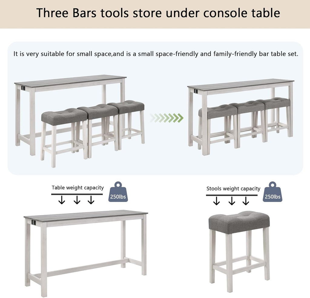 KEIKI 4-Piece Bar Table Set with Charging Ports, 59" Industrial Kitchen Table with 3 Upholstered Stools, Durable Wood Frame for Living or Dining Room, Gray & White