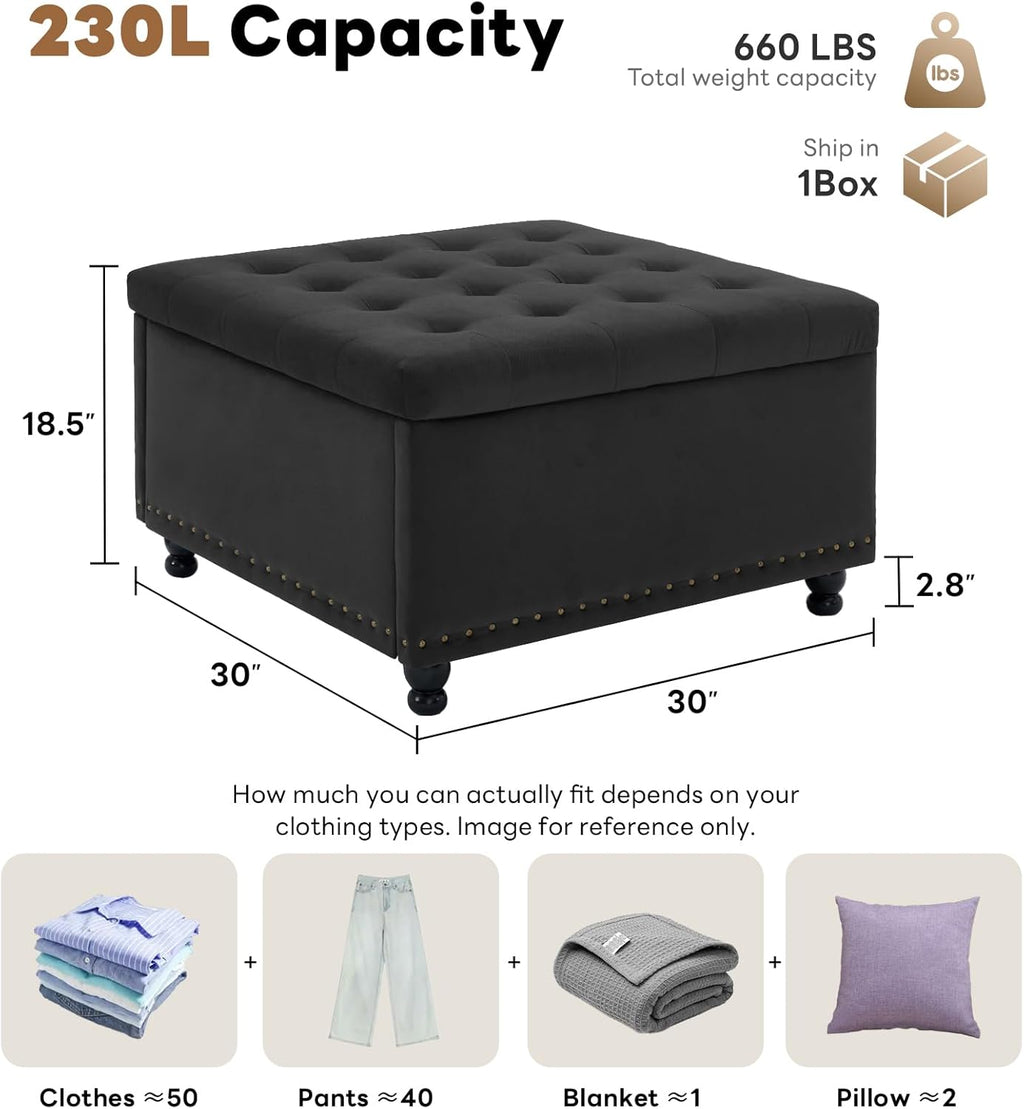 Tbfit Large Square Storage Ottoman Bench, Button Tufted Upholstered Coffee Table Ottoman with Wooden Legs, Oversized Storage Ottomans Toy Box Footrest for Living Room, Black Velvet