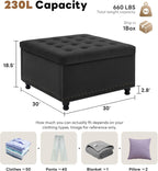 Tbfit Large Square Storage Ottoman Bench, Button Tufted Upholstered Coffee Table Ottoman with Wooden Legs, Oversized Storage Ottomans Toy Box Footrest for Living Room, Black Velvet