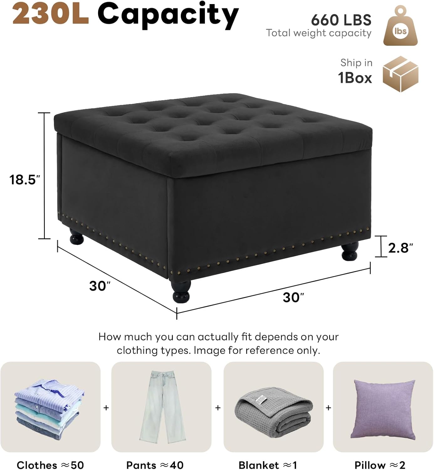 Tbfit Large Square Storage Ottoman Bench, Button Tufted Upholstered Coffee Table Ottoman with Wooden Legs, Oversized Storage Ottomans Toy Box Footrest for Living Room, Black Velvet
