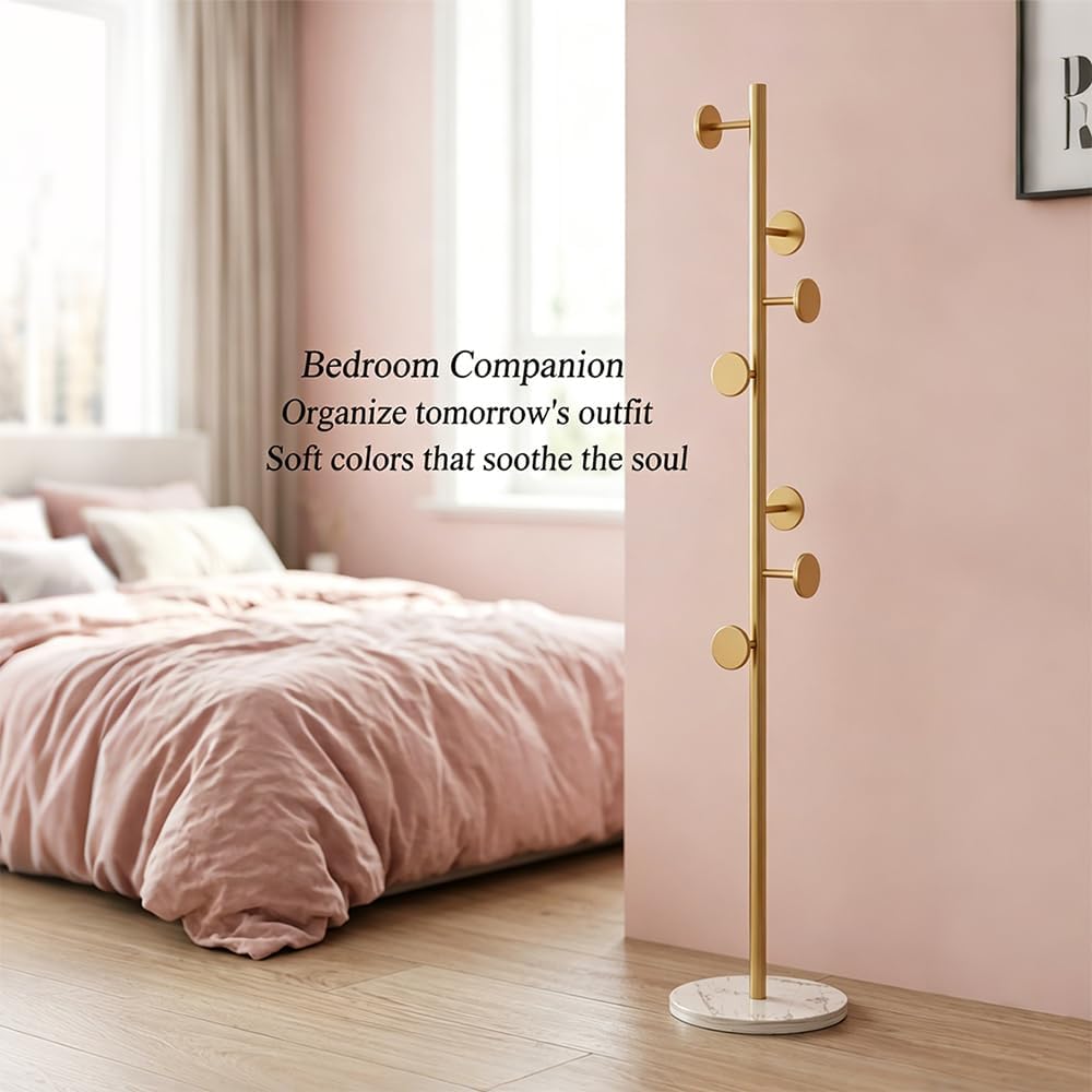 Coat Rack Freestanding Gold Clothes Rack with Marble Base & 7 Staggered Round Hooks, Heavy Duty Stable Coat Hanger Garment Stand for Entryway Bedroom, Hall Tree Racks for Clothing Hats Bags Purses