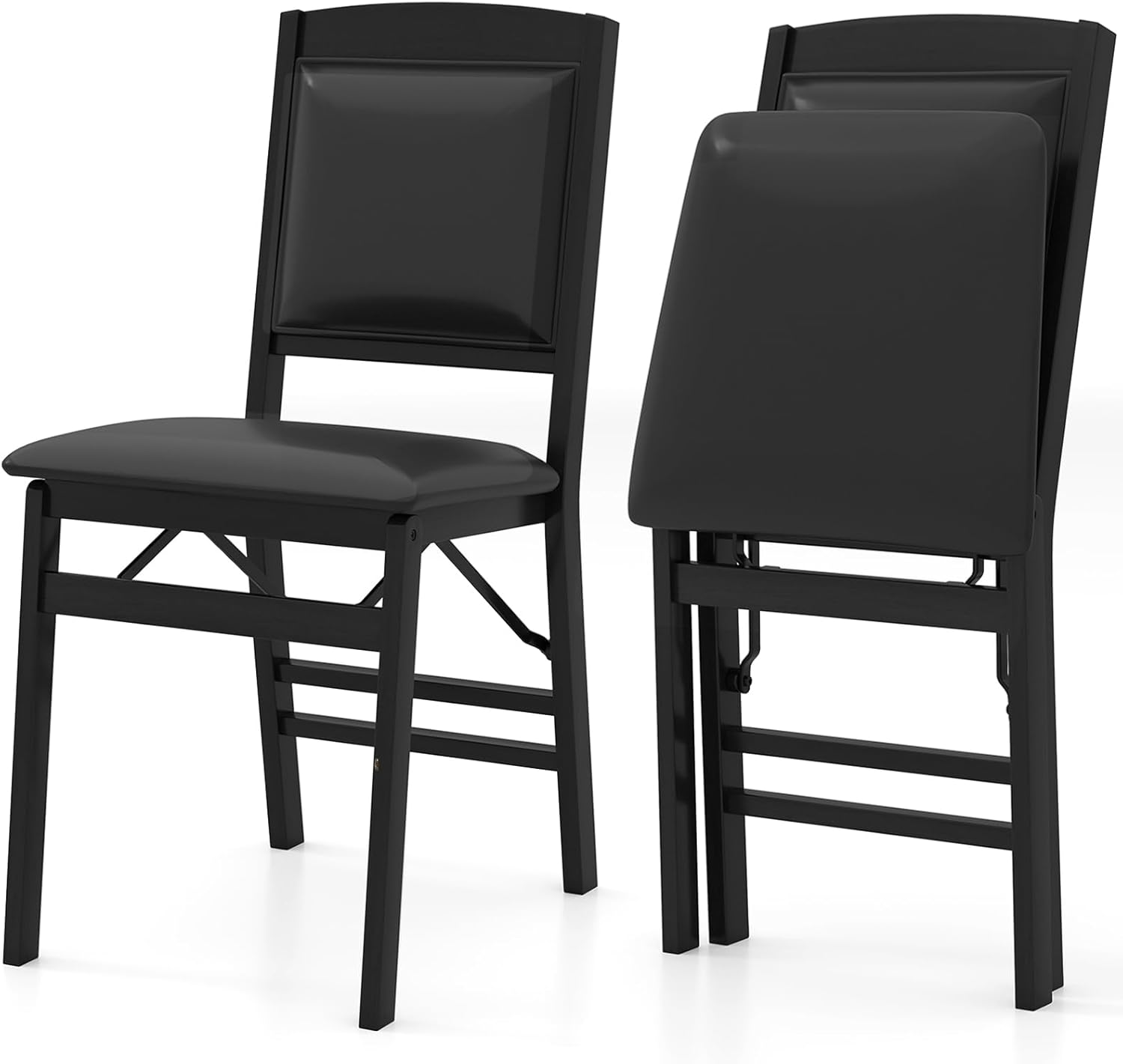 COSTWAY Folding Dining Chairs Set of 2, Wooden Kitchen Side Chairs w/Padded Seat, Solid Wood Frame, 400 LBS Load Bearing, No Assembly Needed, Vintage Foldable Chairs for Dining Living Room, Black