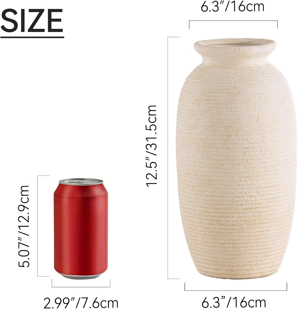 Ceramic Flower Vase, 12.5" Large Rustic Farmhouse Vases Home Decor Tall Pottery Decorative Pampas Vase for Table Living Room Entryway Mantel Bookshelf Bedroom Bathroom Kitchen - W