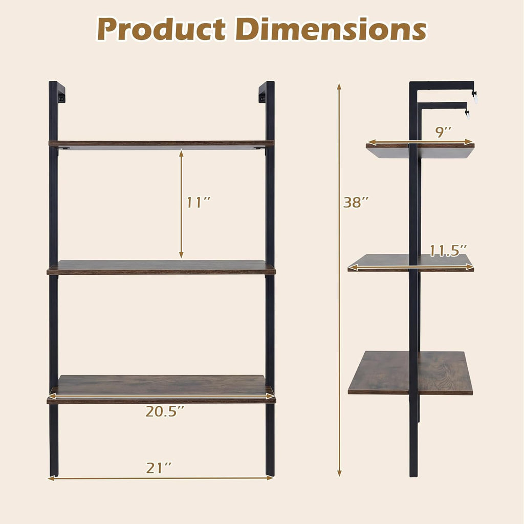 Giantex Ladder Shelf Set of 2, 3-Tier Wood Wall Mounted Bookshelf with Metal Frame, Industrial Open Storage Rack and Display Shelves, Wooden Floating Shelving Unit for Living Room, Office