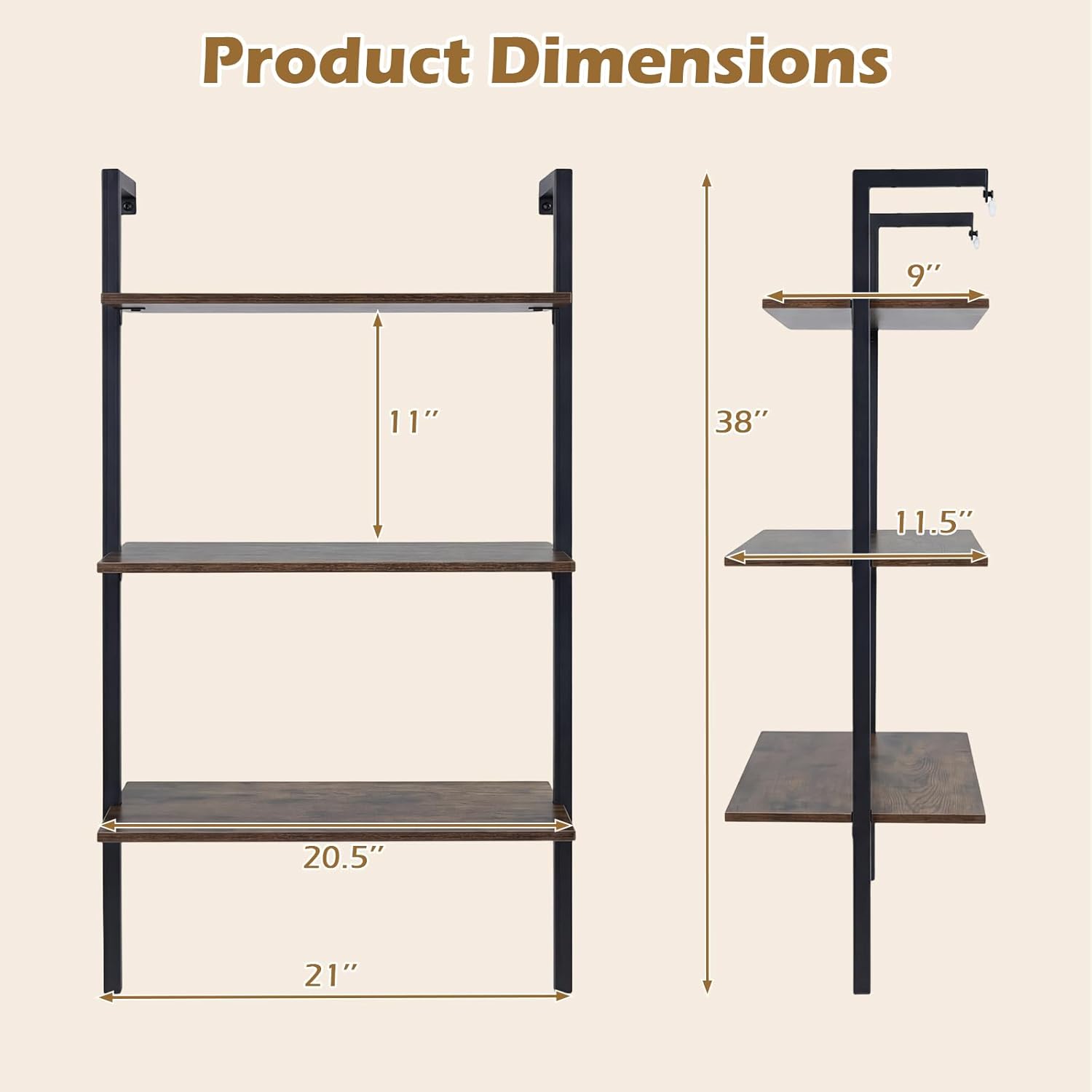 Giantex Ladder Shelf Set of 2, 3-Tier Wood Wall Mounted Bookshelf with Metal Frame, Industrial Open Storage Rack and Display Shelves, Wooden Floating Shelving Unit for Living Room, Office