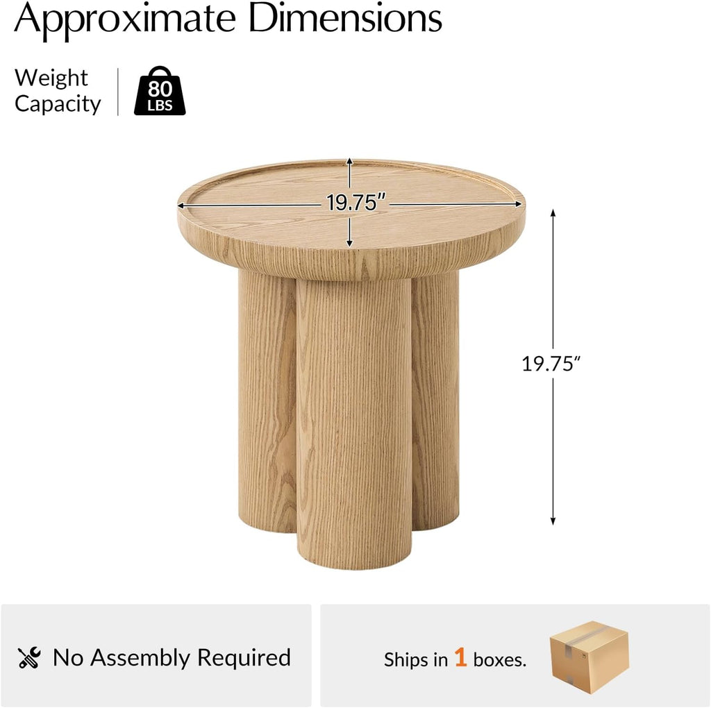 HULALA HOME Modern Round Side Table, 19.75" Oak Wood Veneer End Table with Sculptural 3-Post Base, Fully Assembled Contemporary Accent Table for Living Room, Bedroom, Small Spaces, Oak