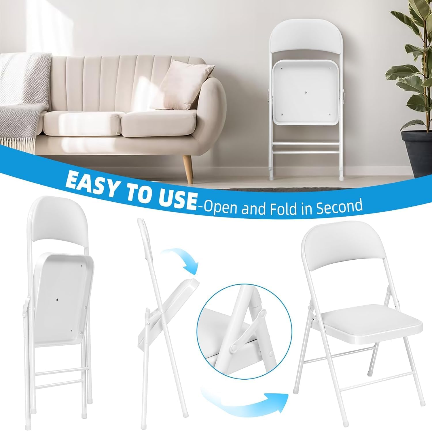 8 Pack Padded Folding Chairs, Heavy Duty Metal Frame with PU Leather Seat & Back, 350 lbs Capacity Portable Stackable Indoor Outdoor Chairs for Party Wedding Office(White, 8 Pack)