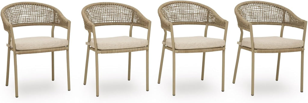 Signature Design by Ashley Ocean Park Set of 4 Outdoor Chairs with Cushions, Stackable, Rope Back, Powder Coated Aluminum Frame, Performance Fabric, Beige
