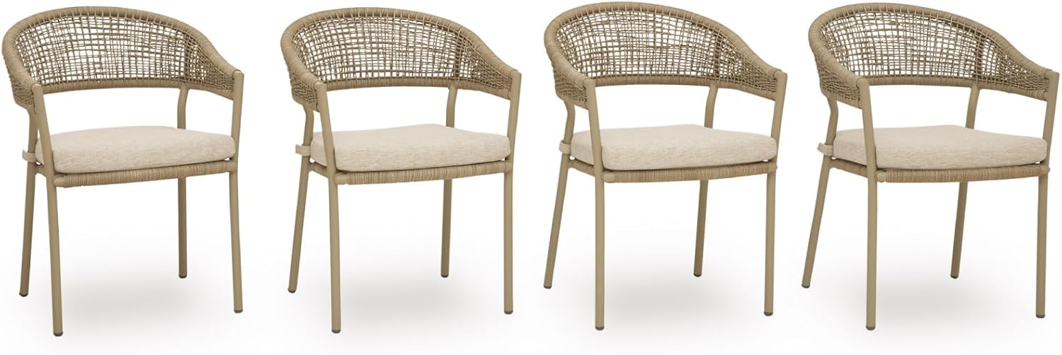 Signature Design by Ashley Ocean Park Set of 4 Outdoor Chairs with Cushions, Stackable, Rope Back, Powder Coated Aluminum Frame, Performance Fabric, Beige
