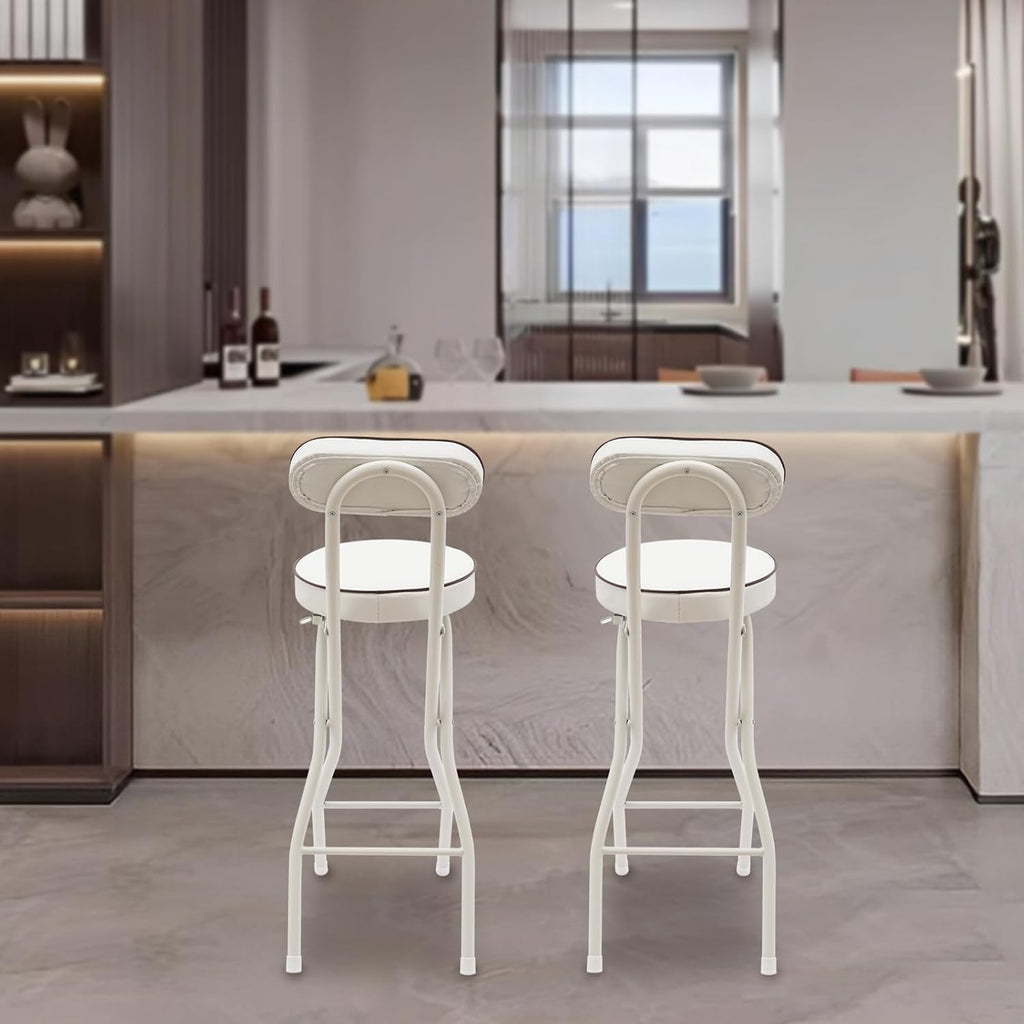 Set of 2-Folding Bar Stool Chair with Back, White Tall Foldable Chair Leather Padded Counter Height Collapsible Stool for Adults Kitchen Island Guitar Shop Cafe