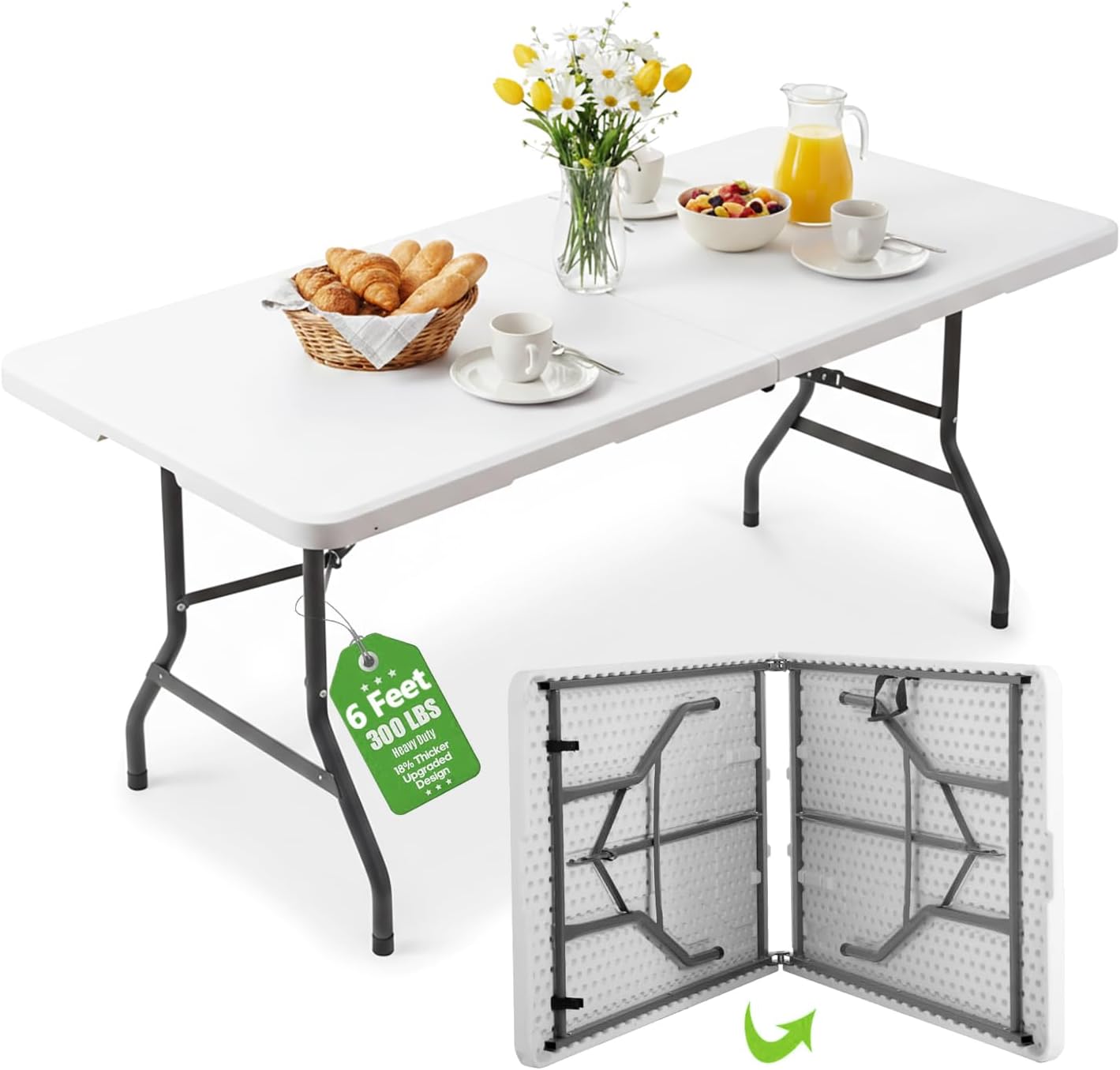 6ft Table Large Folding Table White Folding Table with Portable Carrying Handle 6ft Heavy Plastic Foldable Table for Party, Wedding, Events, Dining, Camping, Picnic Indoor, Outdoor, Utility