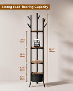 YMYNY Coat Rack, Freestanding Coat Stand with Storage Shelves, Hall Trees with 3 Wooden Shelves and 1 Fabric Basket, Metal Clothes Stand for Hats Bags Hallway Bedroom Rustic Brown UHGR005H