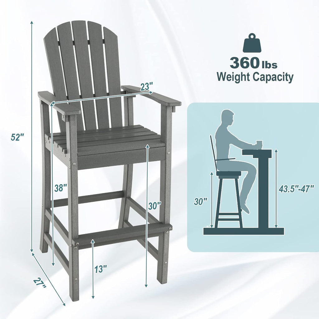 Giantex Outdoor HDPE Bar Stool, Tall Adirondack Chair with Armrests and Footrest, 30 Inches Counter Height Bar Stool for Garden, Backyard, Weather Resistance, Easy Maintenance (1, Gray)