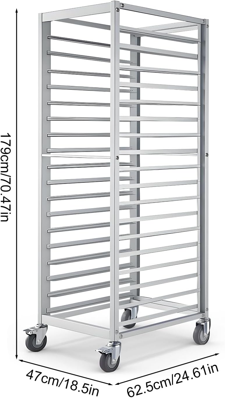 Bun Pan Rack,18 Tier Aluminum Commercial Bakery Racks with 4 Wheels, Home Commercial Kitchen Bakery Cooling Rack for Restaurant Cafeteria Pizzeria, 18.5" W x 24.6" Lx 70" H