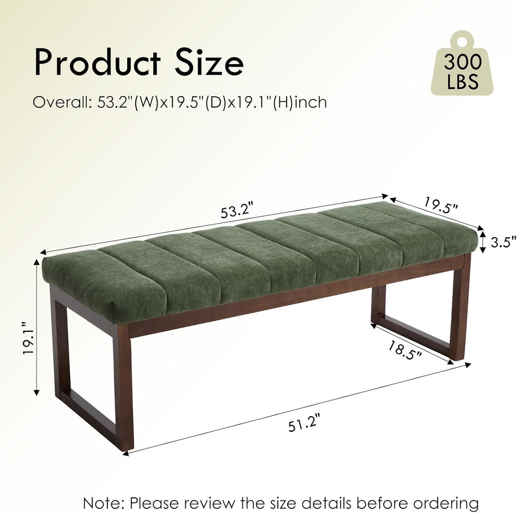 53.2" Upholstered End of Bed Bench, Modern Chenille Fabric Bedroom Bench with Cushion, Padded Dining Bench Entryway Bench with Solid Wood Frame for Bedroom, Living Room, Green