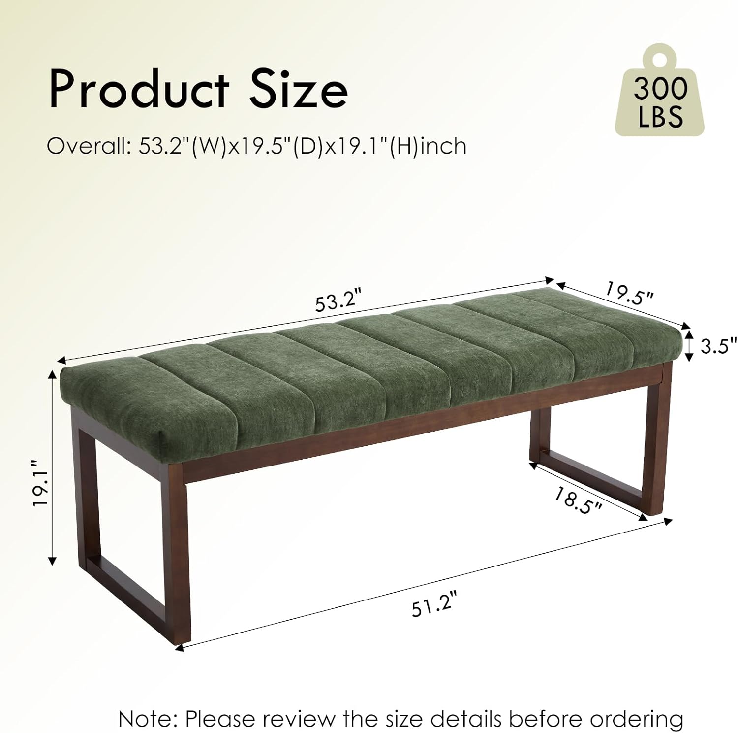 53.2" Upholstered End of Bed Bench, Modern Chenille Fabric Bedroom Bench with Cushion, Padded Dining Bench Entryway Bench with Solid Wood Frame for Bedroom, Living Room, Green