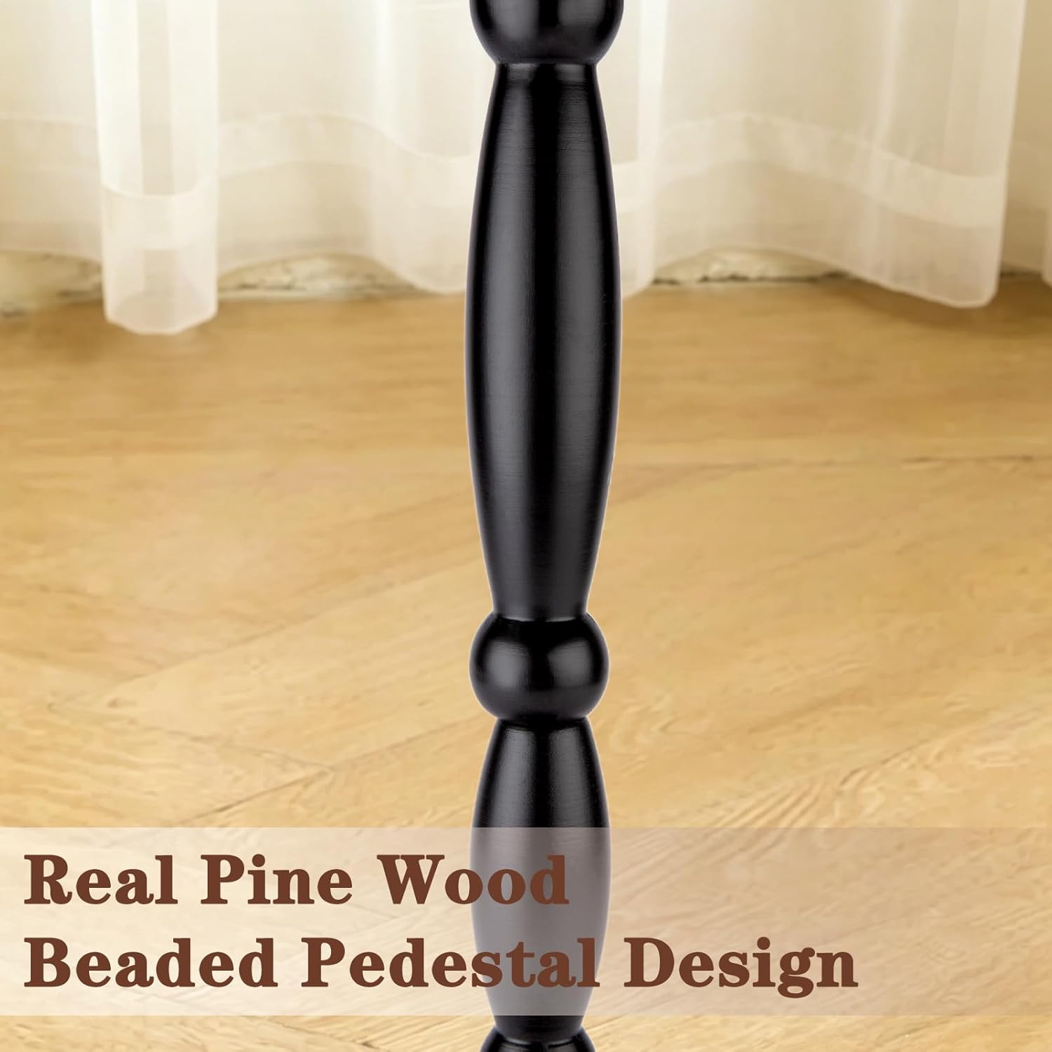 SANY DAYO HOME 12" Real Wood Round Drink Table, Small Pedestal Side Table with Decorative Beaded Design, Accent End Table for Living Room and Bedroom, Black