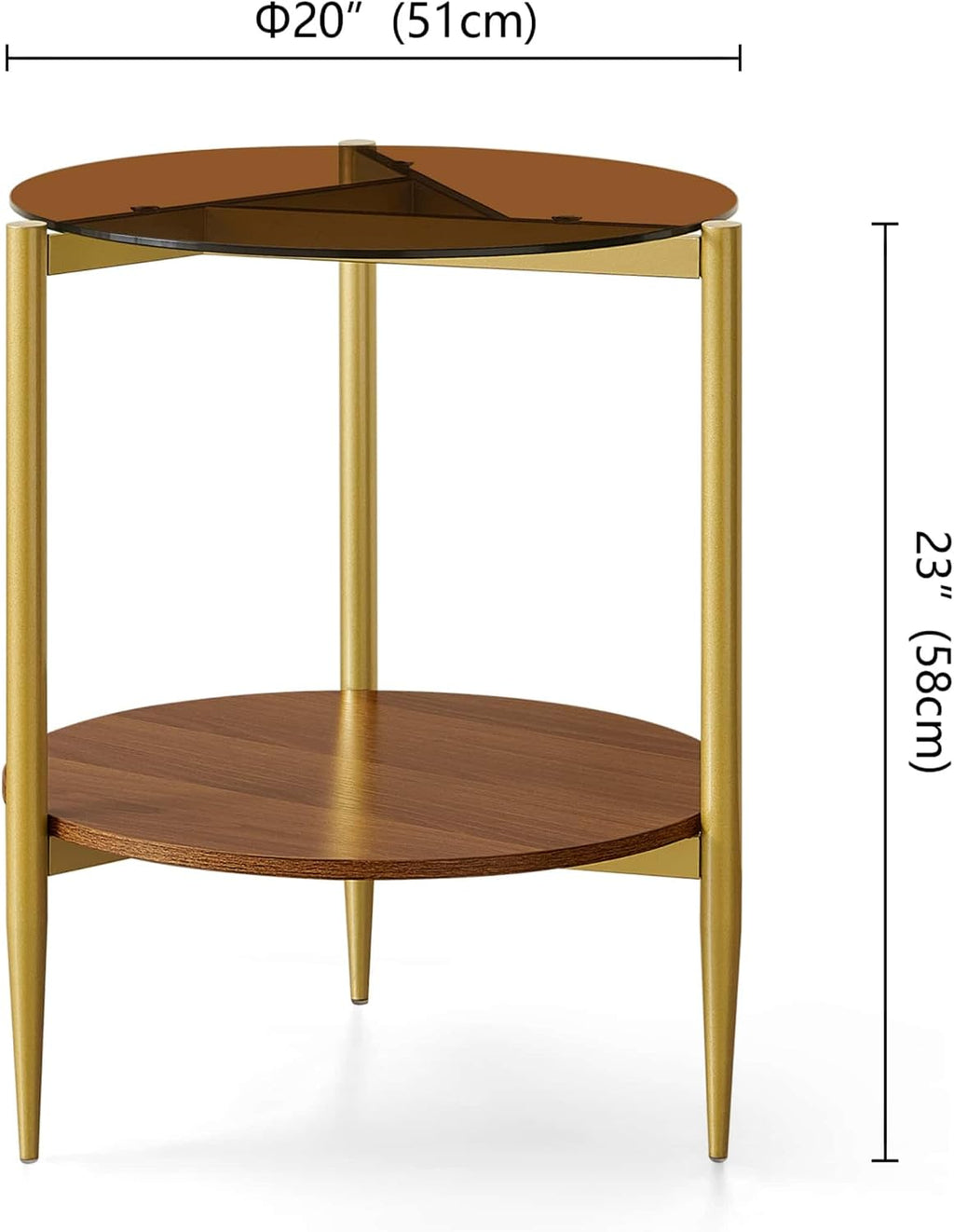 Round End Table, Mid-Century Modern Design, D20*H23 inch, for Living Room, 2-Tier Structure, Amber Glass Top and Walnut MDF Shelf, Sleek Conical Metal Legs with Gold Finish