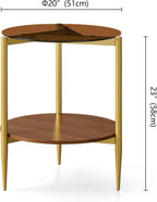 Round End Table, Mid-Century Modern Design, D20*H23 inch, for Living Room, 2-Tier Structure, Amber Glass Top and Walnut MDF Shelf, Sleek Conical Metal Legs with Gold Finish