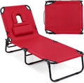Tangkula Beach Lounge Chair, Folding Sunbathing Recliner with Face Hole, Face Down Tanning Chair with 4-Level Adjustable Backrest & 3 Removable Pillows, Chaise Lounge Chair for Patio (1, Red)