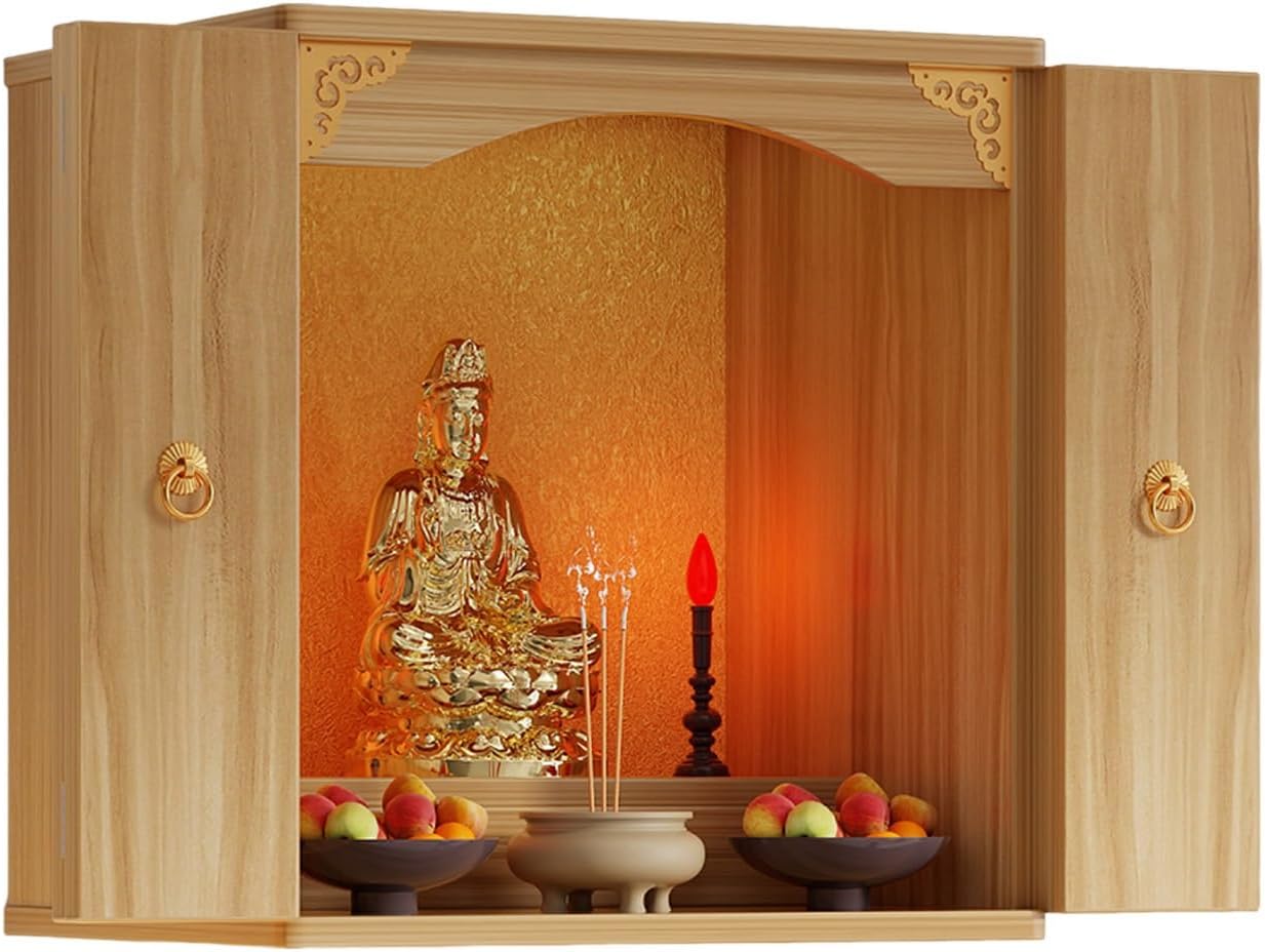 Personal Shrine Stand, Puja Meditation Prayer Table with Storage Tier, Wooden Chinese Altar Table for Living Room, Bedroom, Office(Brushed Oak,15.7 * 15.7 * 23.6in)
