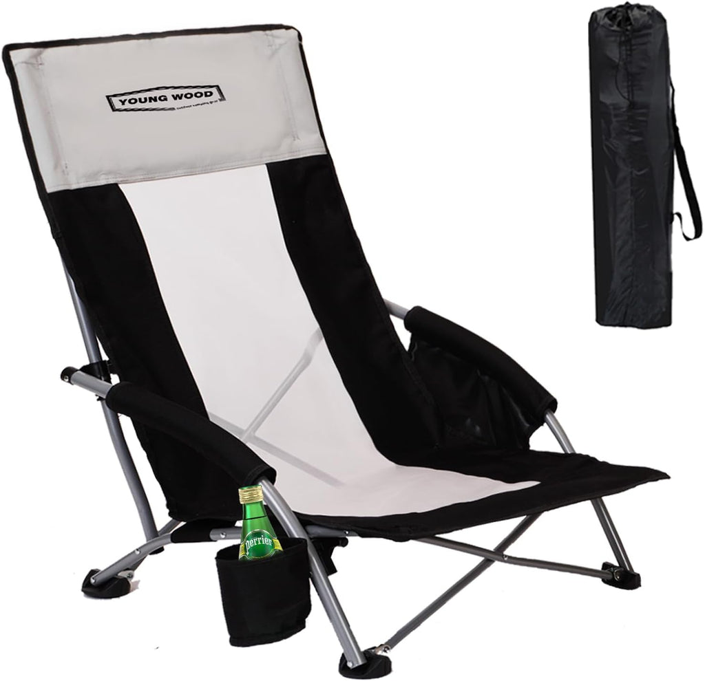 YOUNG WOOD High Beach Chair, Camping Chair, High Back Extra Wide Seat Chair with Comfortable Pillow & Storage Pocketsuitable for Adults, Children and Pets Fishing, PLoad Capacity 350lb,Black.1p