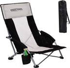 YOUNG WOOD High Beach Chair, Camping Chair, High Back Extra Wide Seat Chair with Comfortable Pillow & Storage Pocketsuitable for Adults, Children and Pets Fishing, PLoad Capacity 350lb,Black.1p