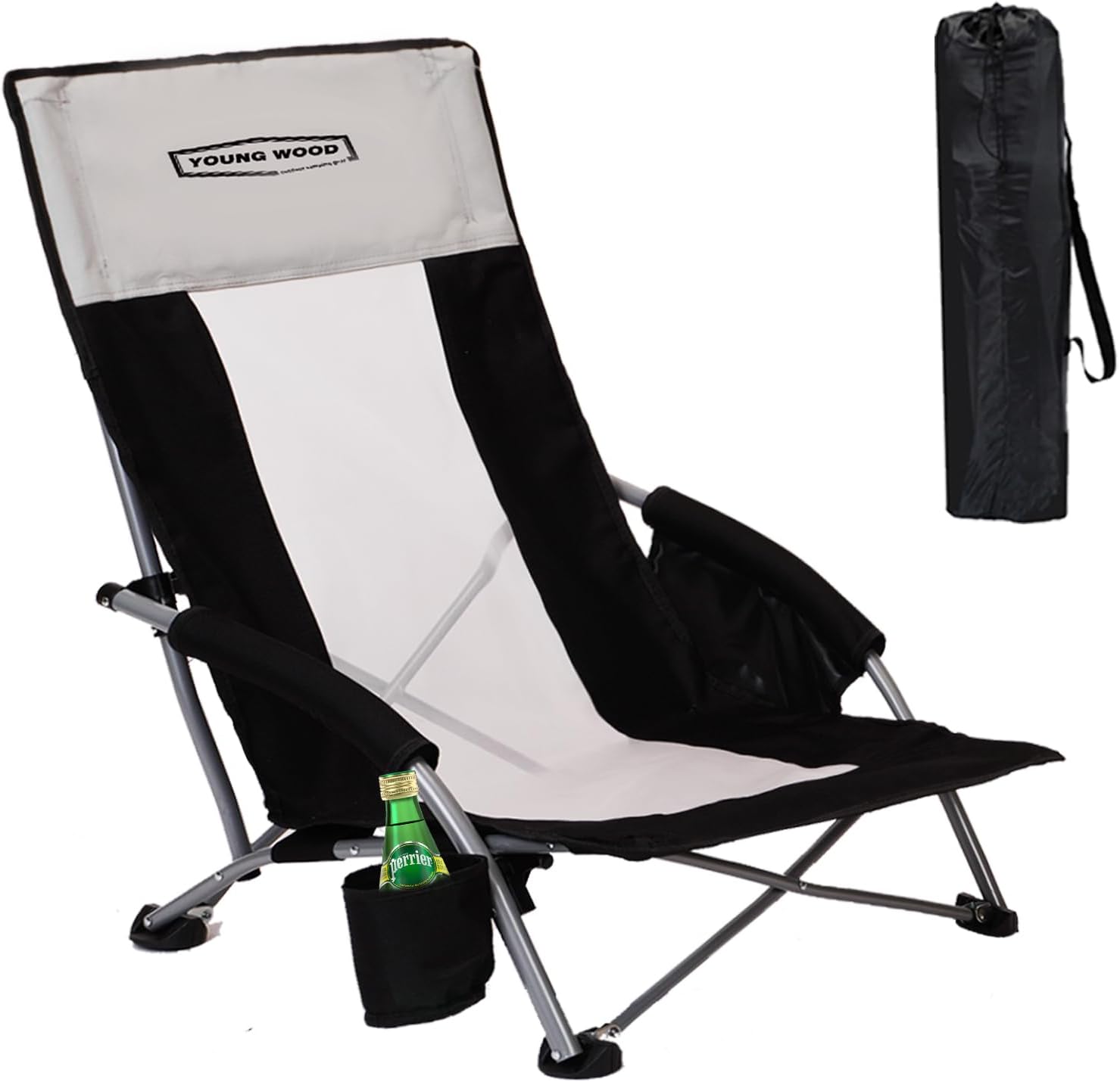 YOUNG WOOD High Beach Chair, Camping Chair, High Back Extra Wide Seat Chair with Comfortable Pillow & Storage Pocketsuitable for Adults, Children and Pets Fishing, PLoad Capacity 350lb,Black.1p