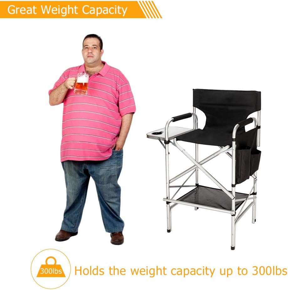 mefeir 31" Tall Folding Directors Chair with Side Table Storage Bag,Portable Makeup Artist Bar Height, Aluminum Frame 300 lbs Capacity, 19.2" D x 23.6" W x 45.6" H