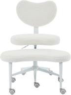 Ergonomic Cross Legged Office Chair with Wheels, Criss Cross Chair with Plus Cushion, 360° Swivel Meditation Chairs, ADHD Chairs with Height Adjustable Seat, Lumbar Back Support, Teddy Fabric, Ivory
