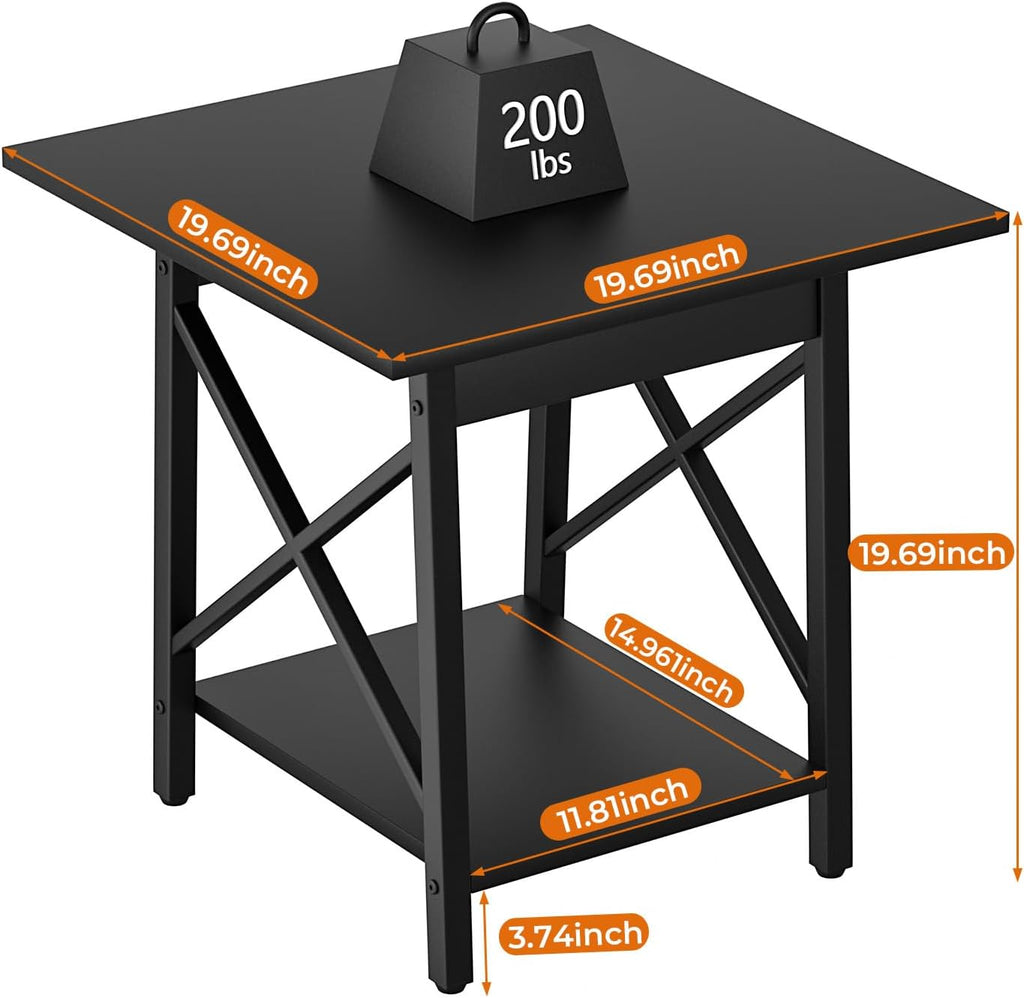 GreenForest Square End Table for Living Room, 20 Inch Large Side Table with X-Frame, Farmhouse Tall Bedside Nightstand with 2-Tier Storage Shelf, Black