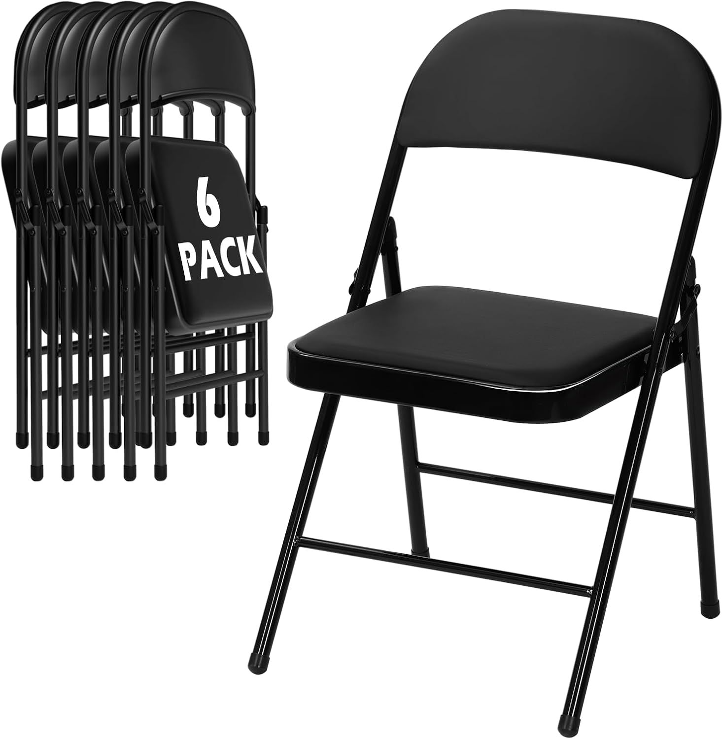 6 Pack Black Folding Chairs with Padded Cushion for Outside, Portable Stackable Commercial Metal Foldable Chairs with Steel Frame for Party Home Events Office Wedding