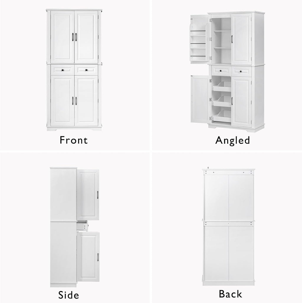 Kitchen Tall Pantry with 3 Pull Out Cabinet Organizers, Farmhouse Freestanding Storage Cabinet with 6 Door Shelves and 2 Drawers for Kitchen, Dining Room (White)