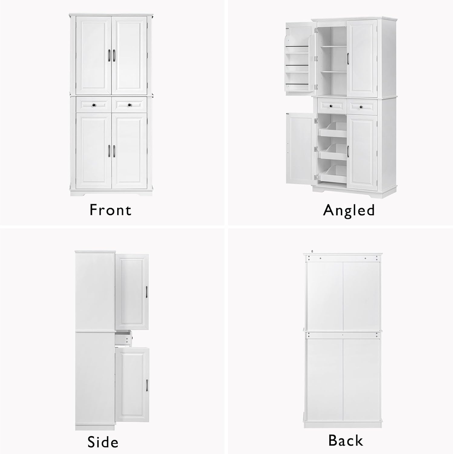 Kitchen Tall Pantry with 3 Pull Out Cabinet Organizers, Farmhouse Freestanding Storage Cabinet with 6 Door Shelves and 2 Drawers for Kitchen, Dining Room (White)